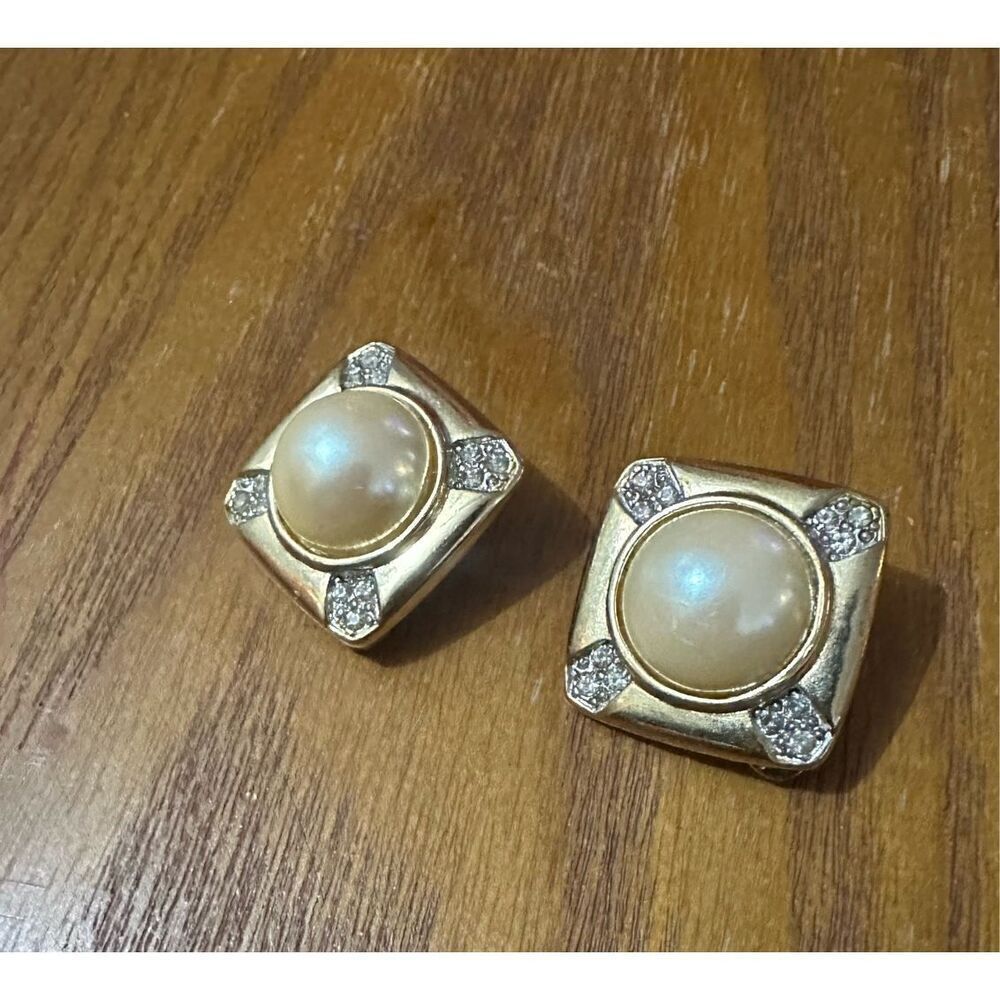 Vintage Premier Designs Two Tone Clip On Faux Pearl Diamond 80s Retro Earrings